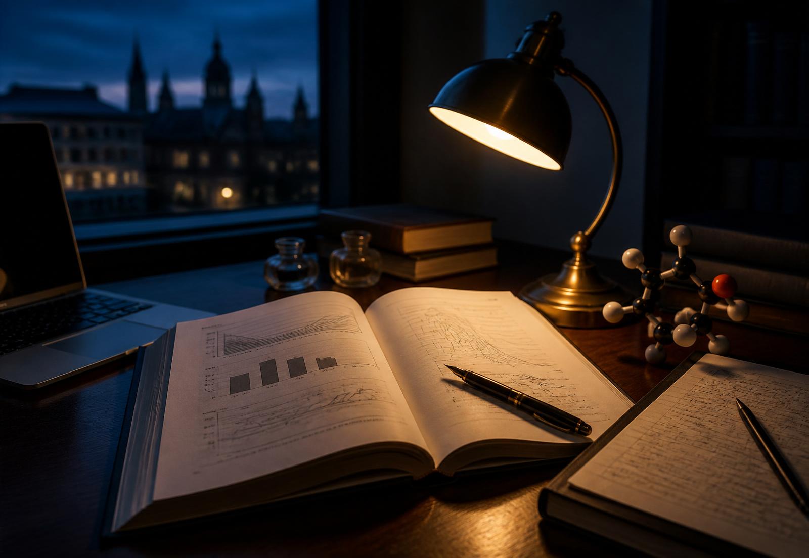 A thesis manuscript, chemistry model and notebook on a lamp-lit study desk